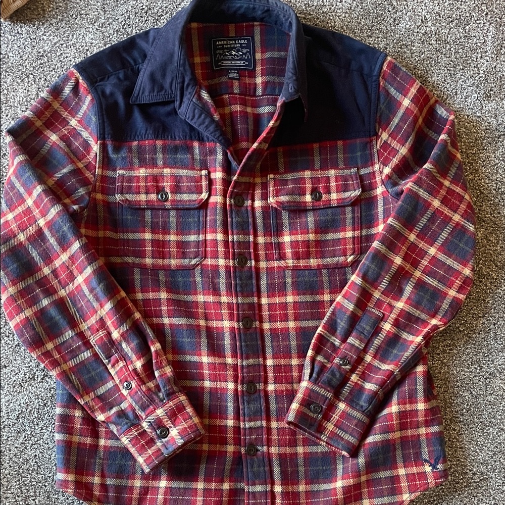 American Eagle Outfitters Red and Blue Plaid Flannel Shirt